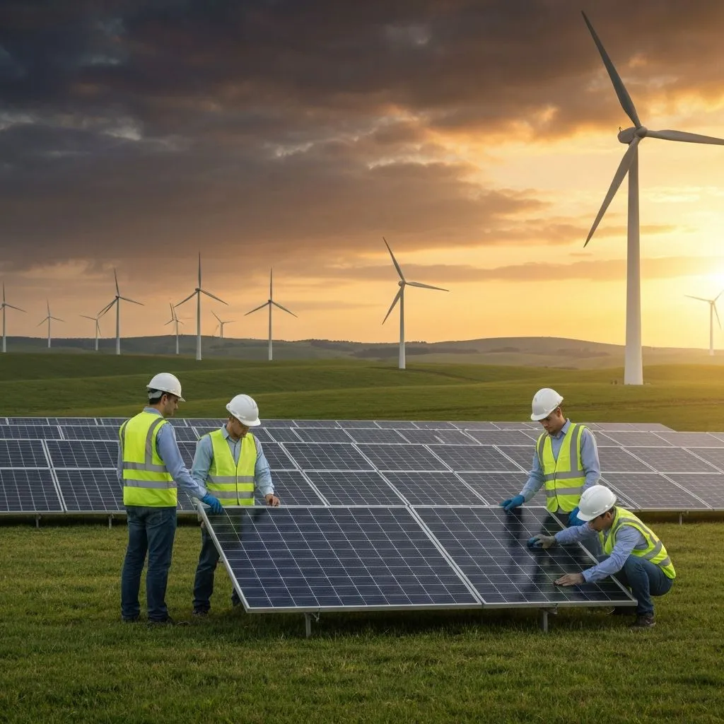 Aurora Renewables SRL engineers and technicians working at a solar-wind hybrid power plant
