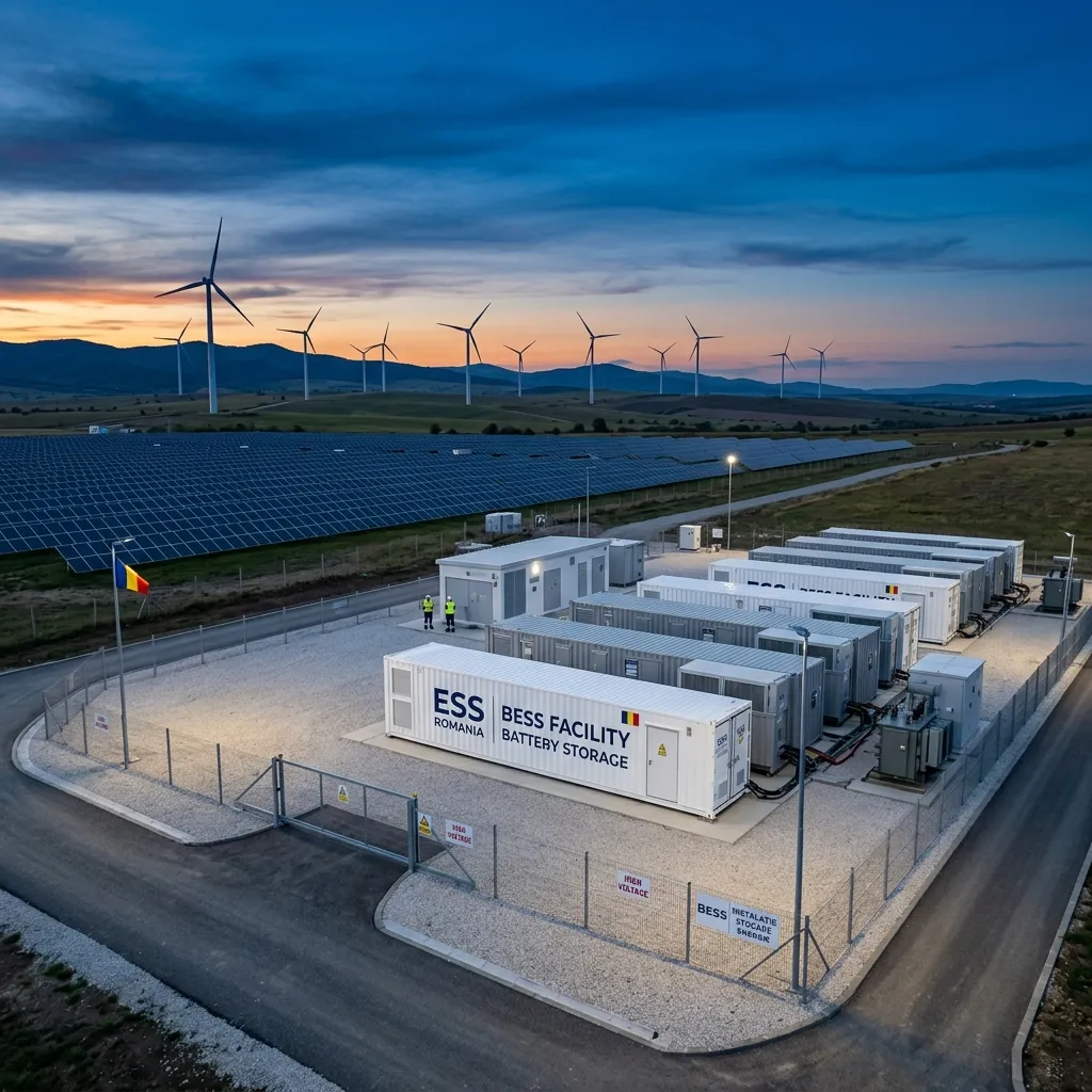 Battery Energy Storage Systems (BESS) integrated with utility-scale hybrid solar-wind projects in Romania by Aurora Renewables SRL.