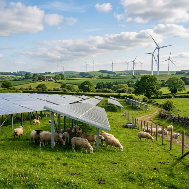 Dual-use renewable energy land with sheep grazing under solar panels and wind turbines in background