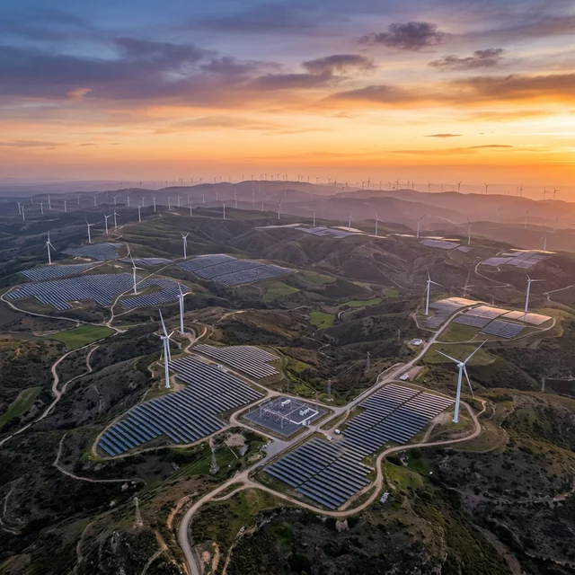 Expansive aerial view of interconnected renewable energy hubs across regions