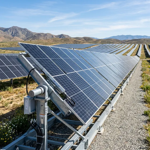Pristine tracking solar panel system bathed in bright sunlight