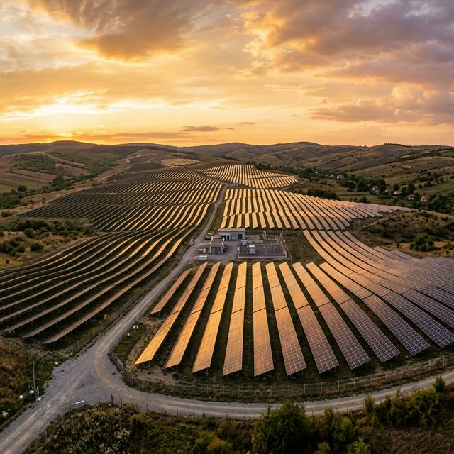 Panoramic view of a large-scale solar photovoltaic farm at golden hour