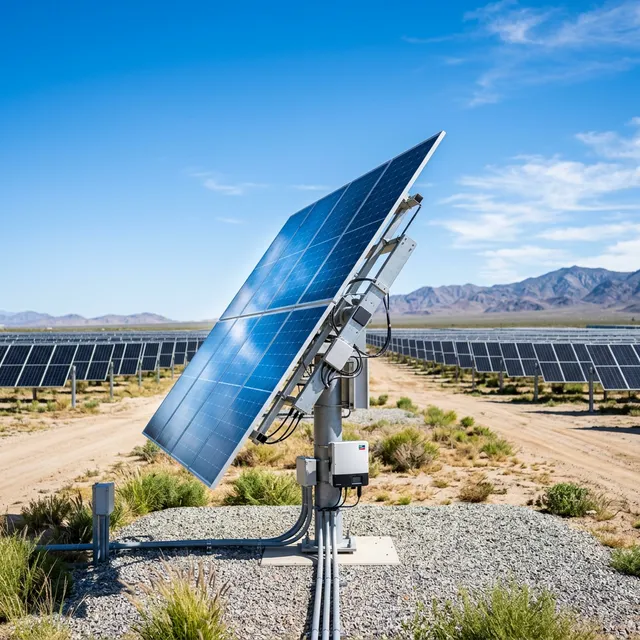 Modern solar farm with a focus on a single, well-maintained solar panel array