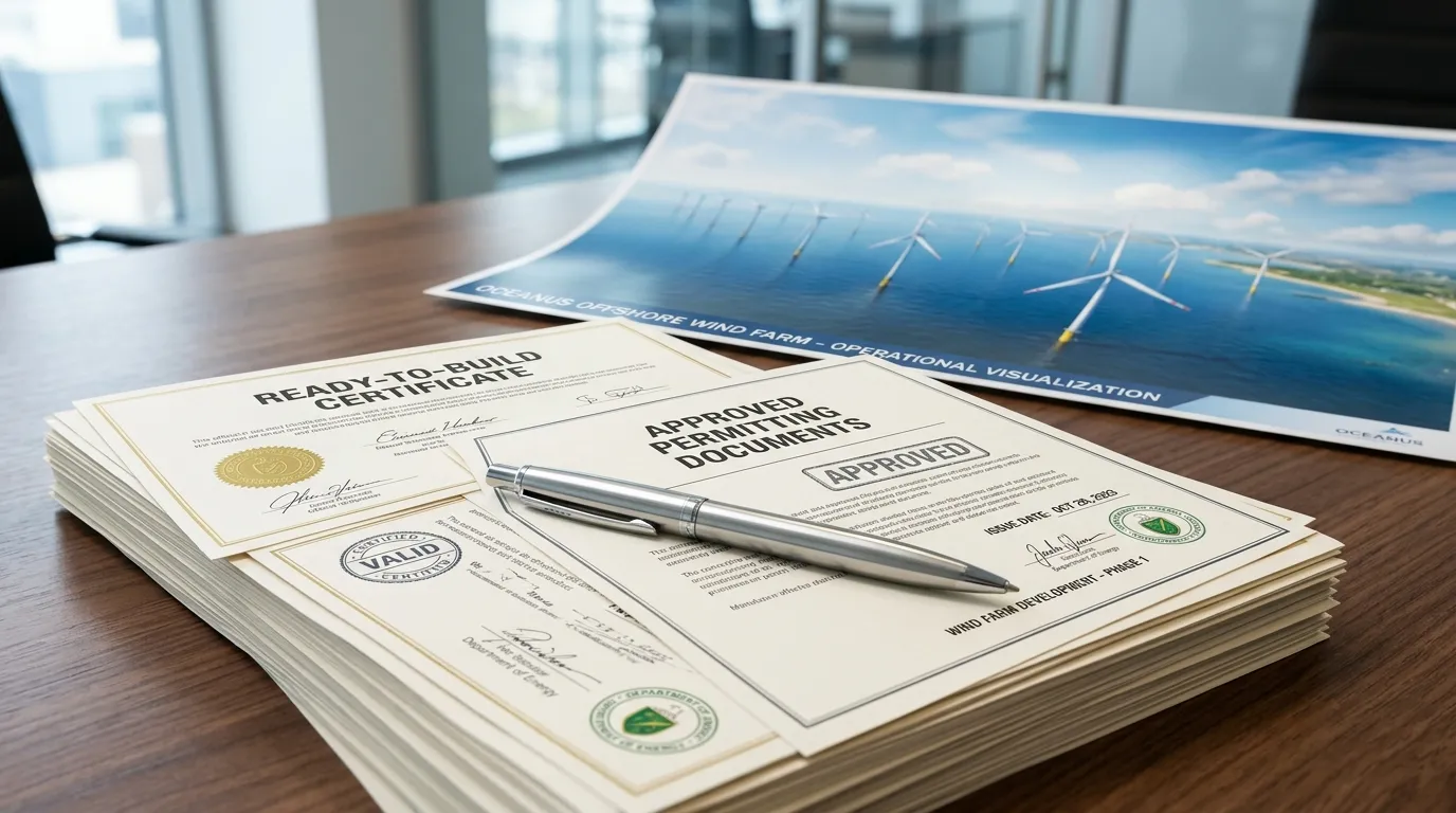 Professional corporate setting showing approved permitting documents symbolizing bankability