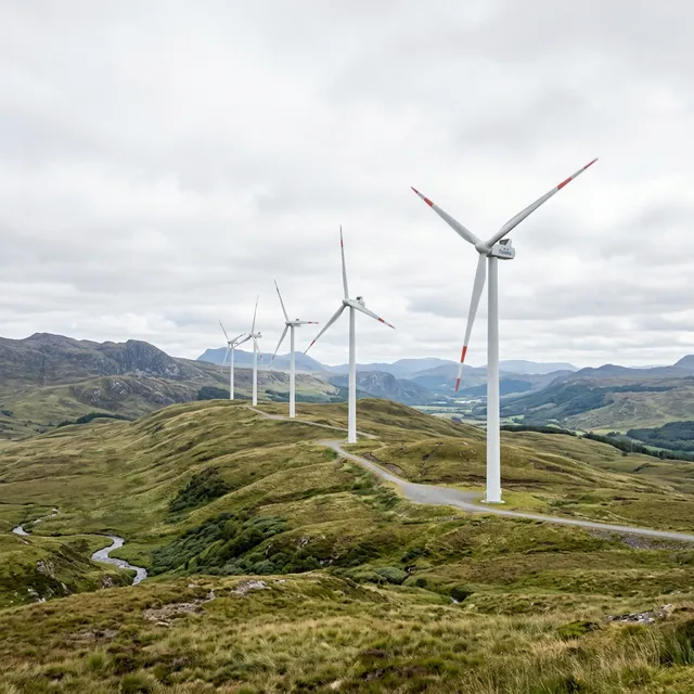 A row of sleek modern wind turbines operating efficiently in a vast natural landscape