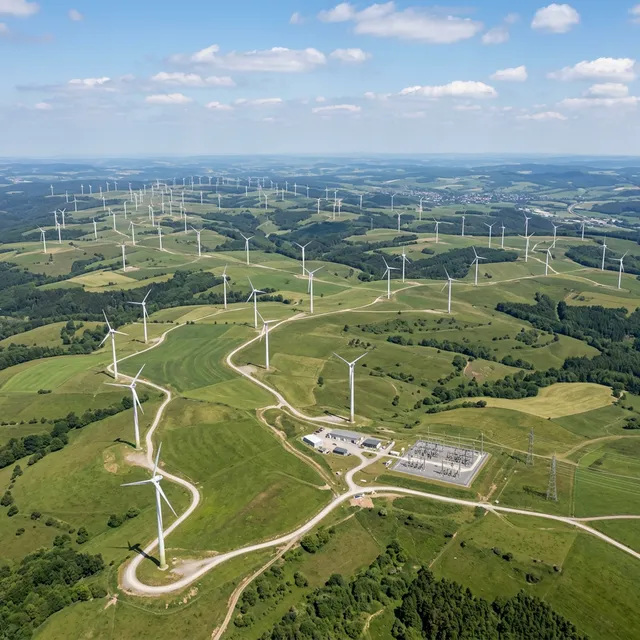 Expansive aerial view of a completed, large-scale wind power plant