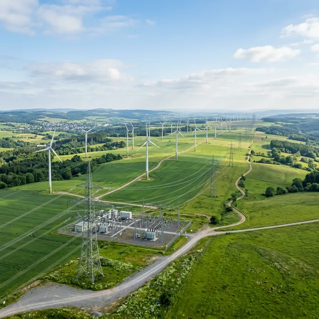 Wind farm connected to transmission lines across a green landscape