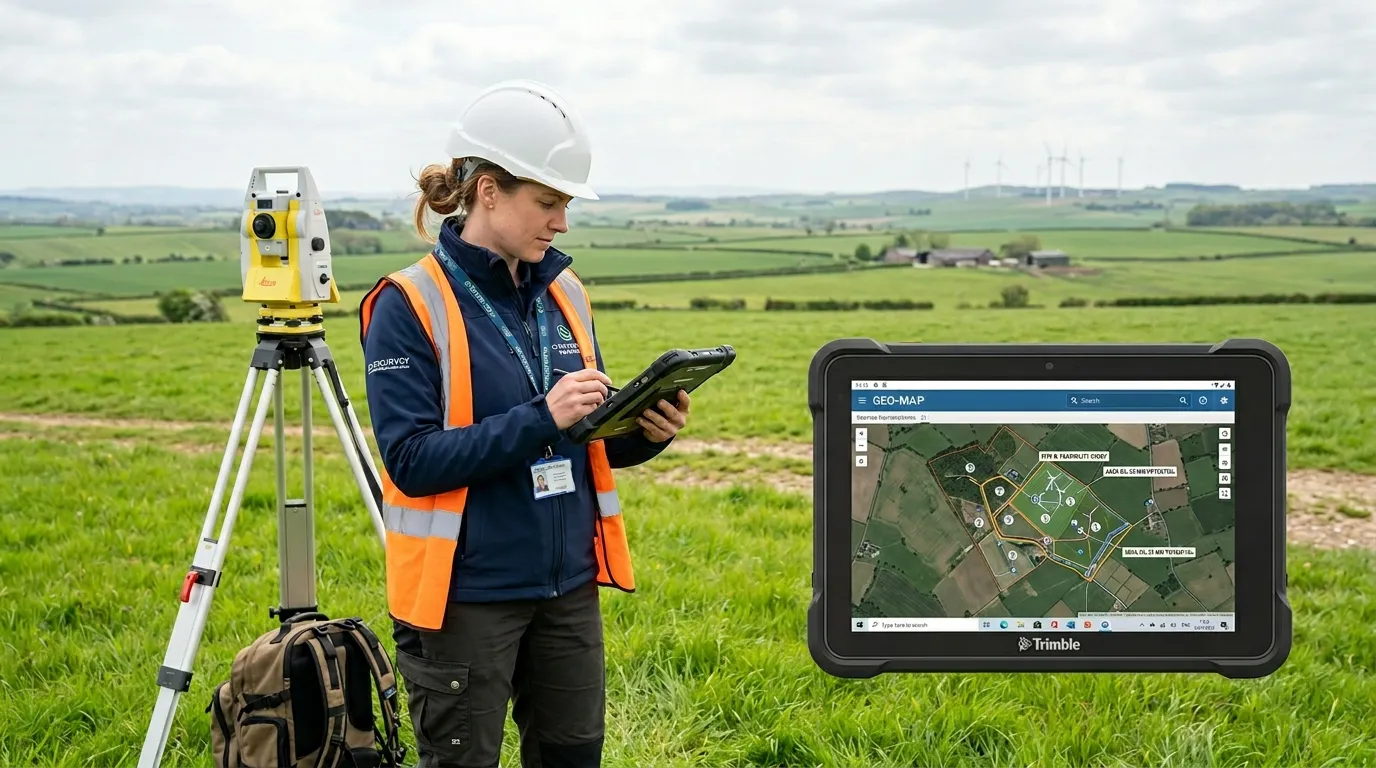 Aurora Renewables engineer reviewing a digital map on a high-tech device in a wide rural field