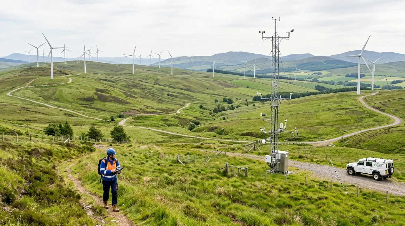 Panoramic landscape with wind turbines and a meteorological measuring mast seamlessly integrated