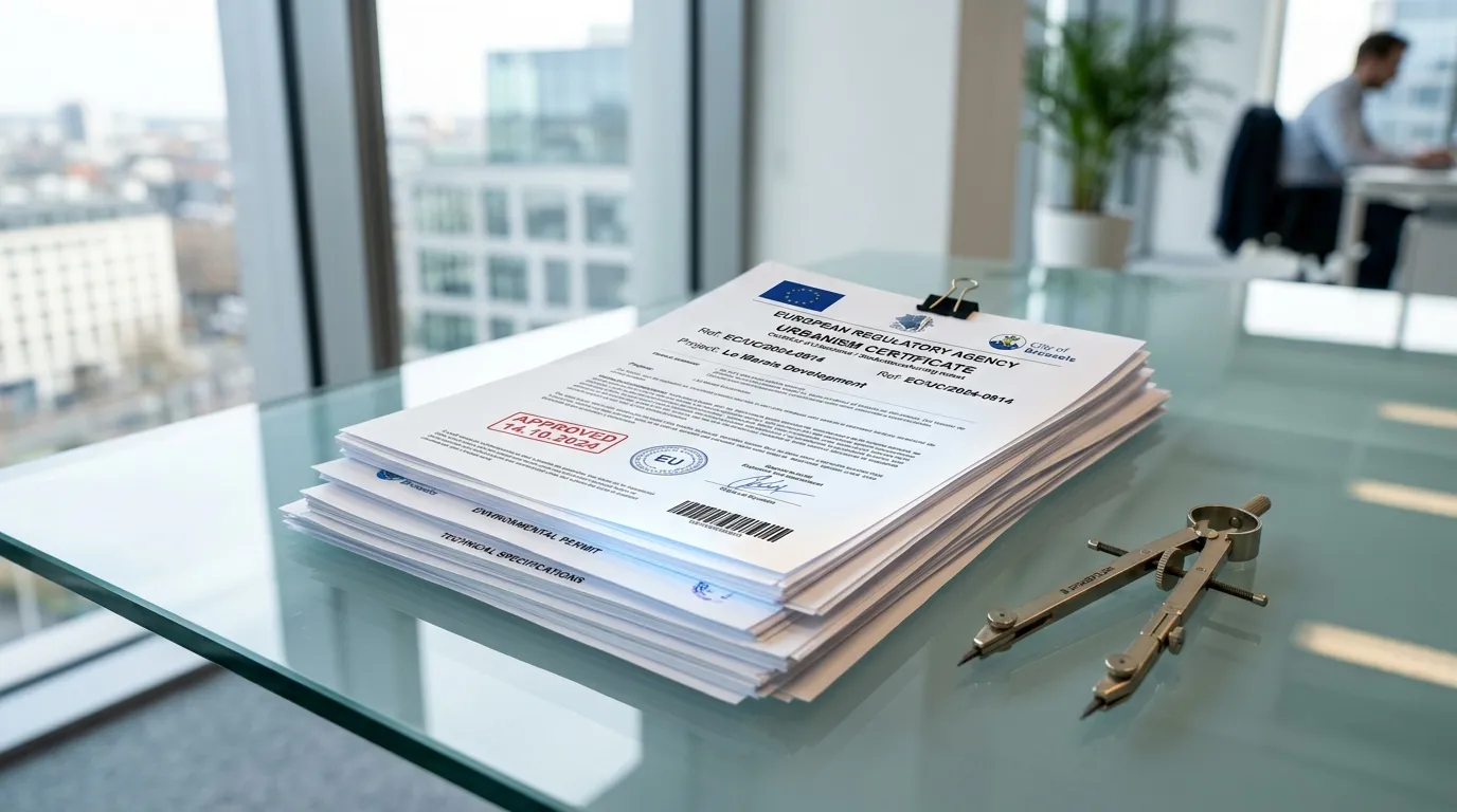 Close-up of official European regulatory documents and an Urbanism Certificate resting on a pristine glass desk