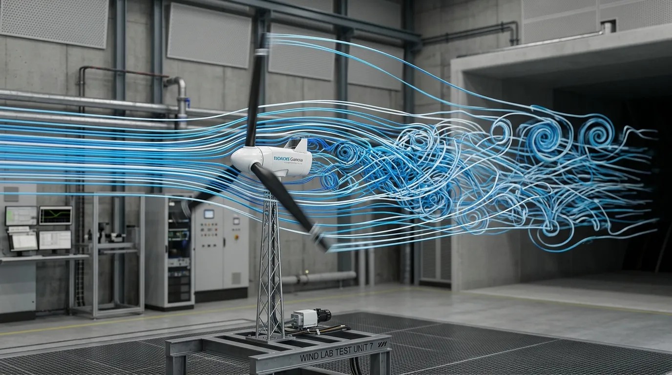 Highly detailed 3D aerodynamic visualization showing wind flow and wake effects interacting with a sleek wind turbine