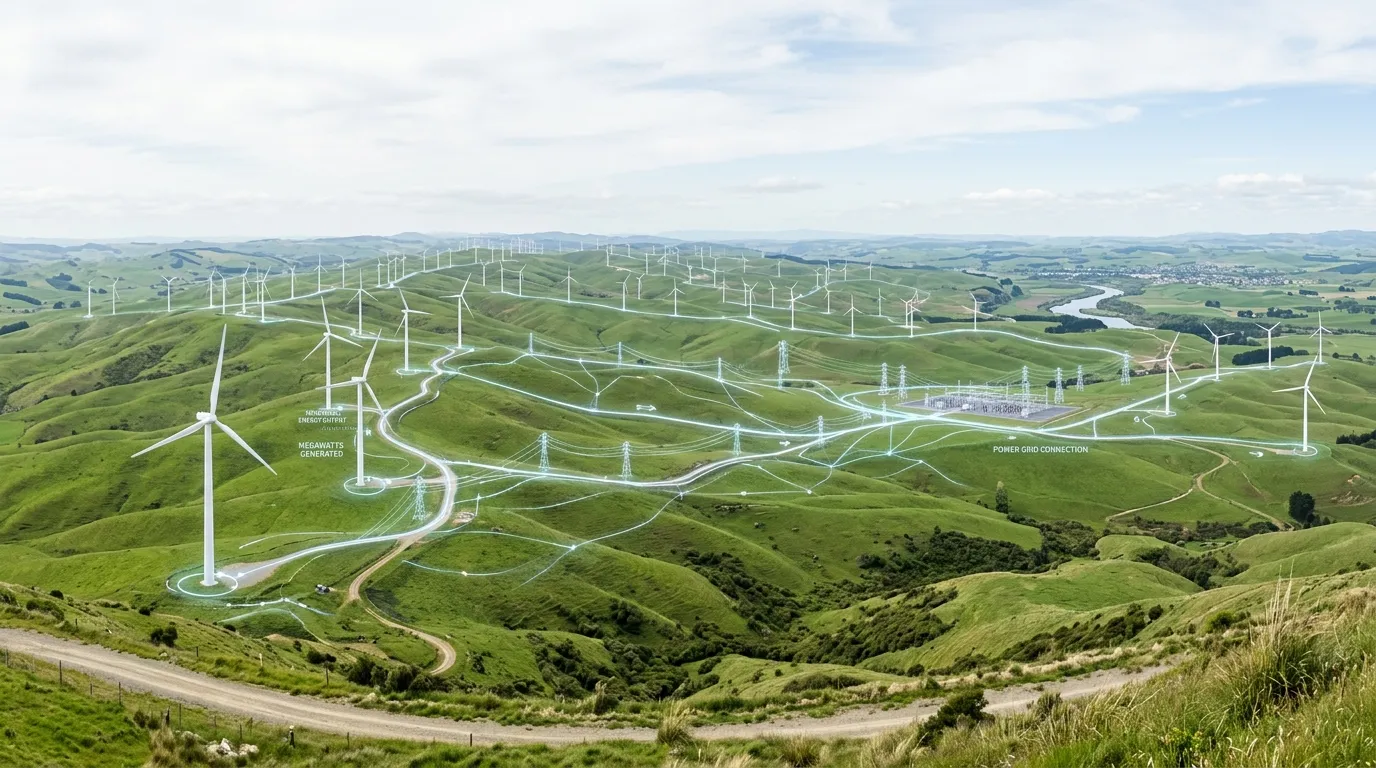 Expansive utility-scale wind farm stretching across green hills, with a subtle glowing digital grid overlaying the terrain